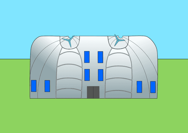 Boceto de edificio con aerogeneradores.